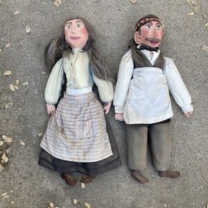 Pair of Early 20th Century Dolls - Butcher & Wife Paper Mache Antique Folk Art
